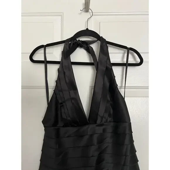 BCBGMaxazria Black Satin Y2K Whimsygoth Halter Cocktail Dress - Picture 2 of 7